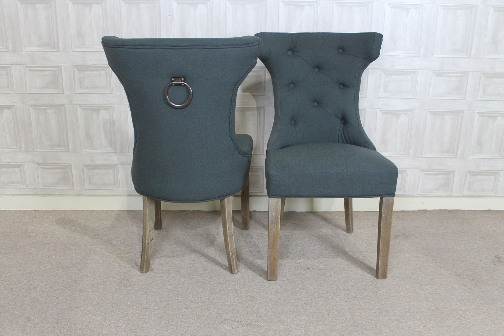 FRENCH STYLE UPHOLSTERED DINING CHAIR IN STONE WITH BUTTON BACK AND